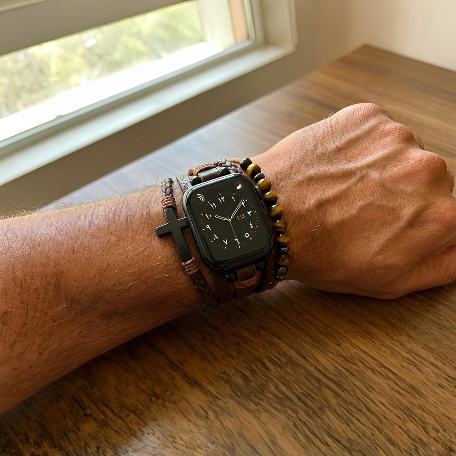 Apple Watch Multi-Strand Bracelet, Tiger Eye Beads and Black Cross, Vegan Faux Leather, Adjustable Clasp, Caleb Model