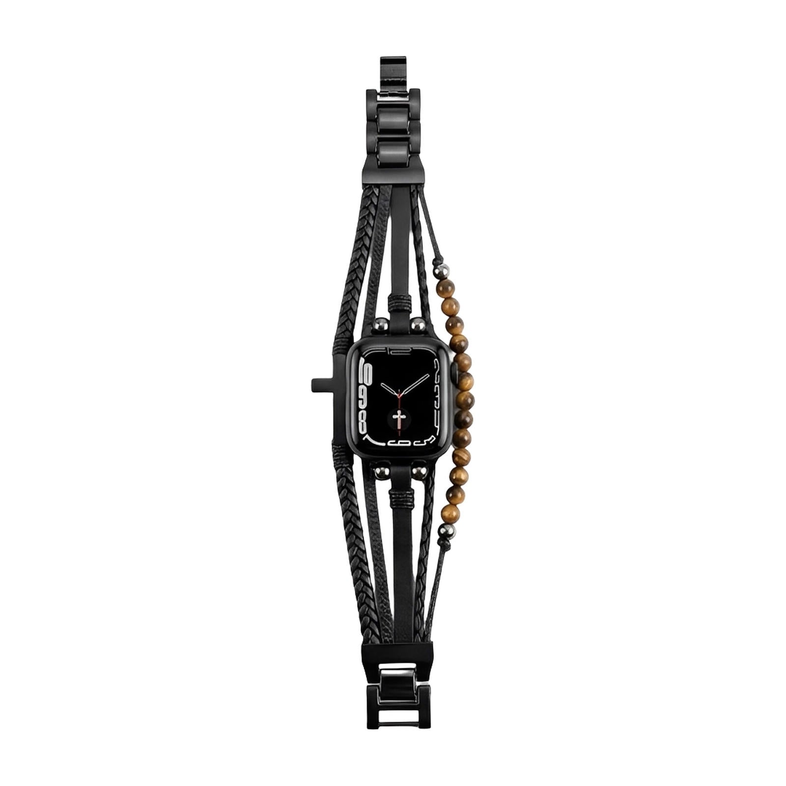 Apple Watch Multi-Strand Bracelet, Tiger Eye Beads and Black Cross, Vegan Faux Leather, Adjustable Clasp, Caleb Model