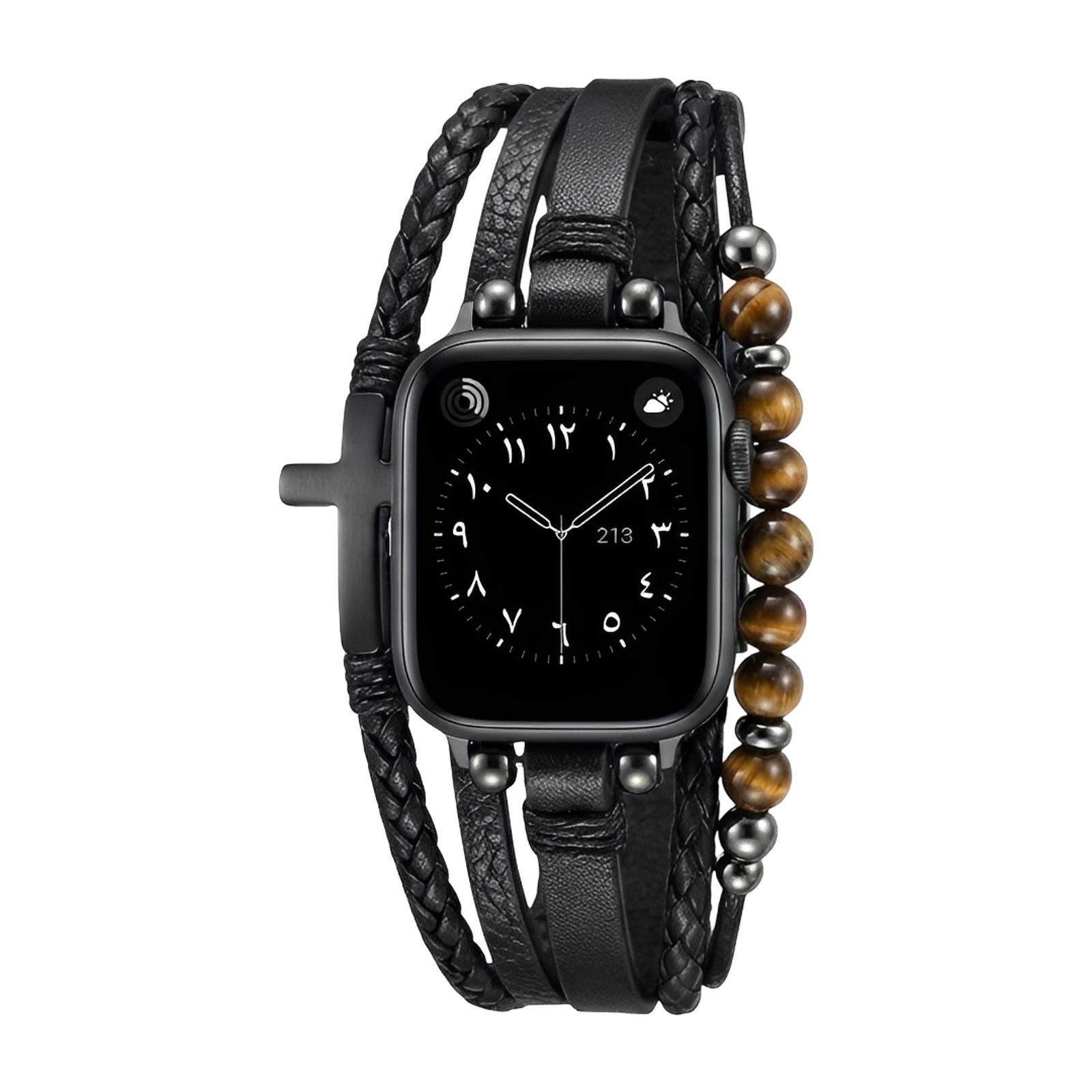 Apple Watch Multi-Strand Bracelet, Tiger Eye Beads and Black Cross, Vegan Faux Leather, Adjustable Clasp, Caleb Model