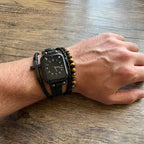 Apple Watch Multi-Strand Bracelet, Tiger Eye Beads and Black Cross, Vegan Faux Leather, Adjustable Clasp, Caleb Model