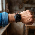 Apple Watch Multi-Strand Bracelet, Tiger Eye Beads and Black Cross, Vegan Faux Leather, Adjustable Clasp, Caleb Model