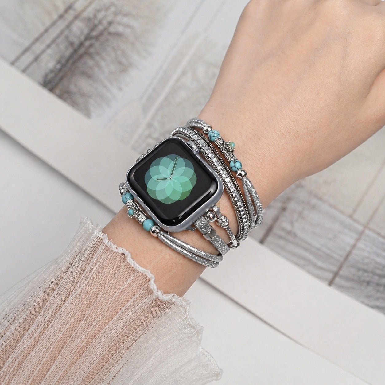 Apple Watch Multi-Strand Bracelet, Turquoise Beads and Shimmering Cords, Gold or Silver Finish, for Women, Christine Model