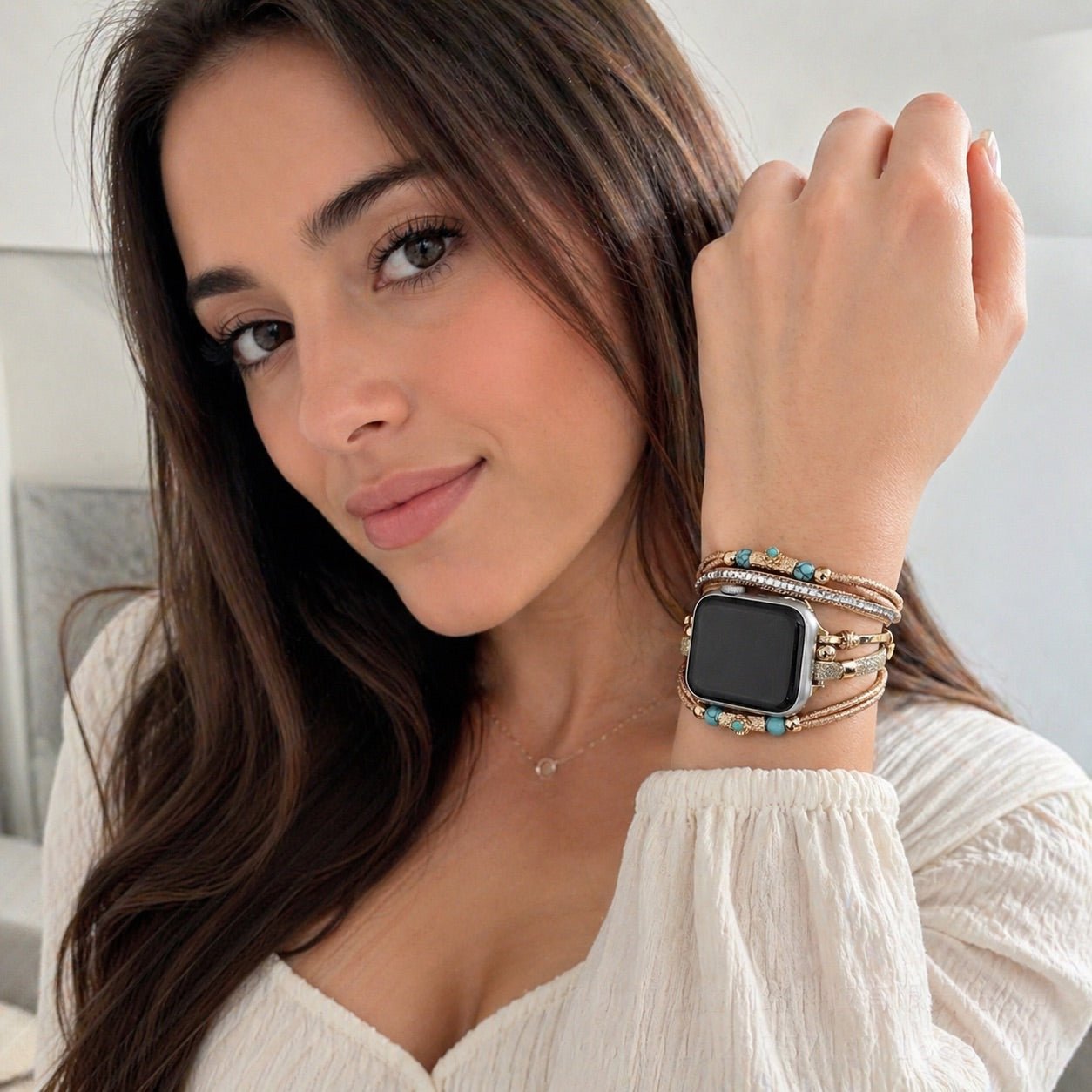 Apple Watch Multi-Strand Bracelet, Turquoise Beads and Shimmering Cords, Gold or Silver Finish, for Women, Christine Model