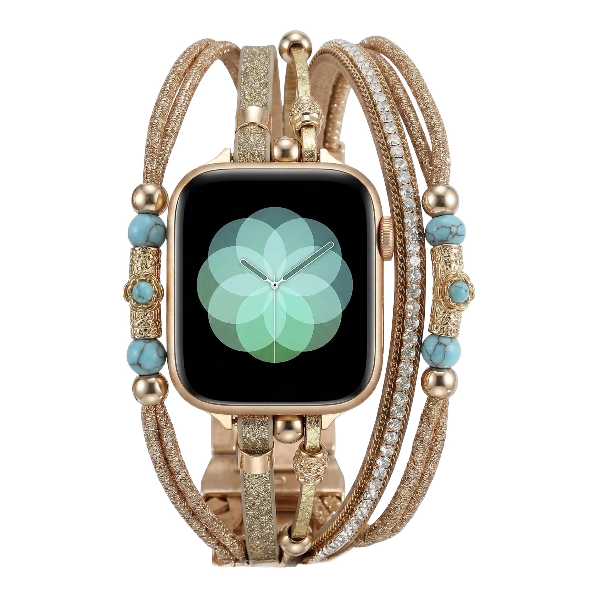 Apple Watch Multi-Strand Bracelet, Turquoise Beads and Shimmering Cords, Gold or Silver Finish, for Women, Christine Model