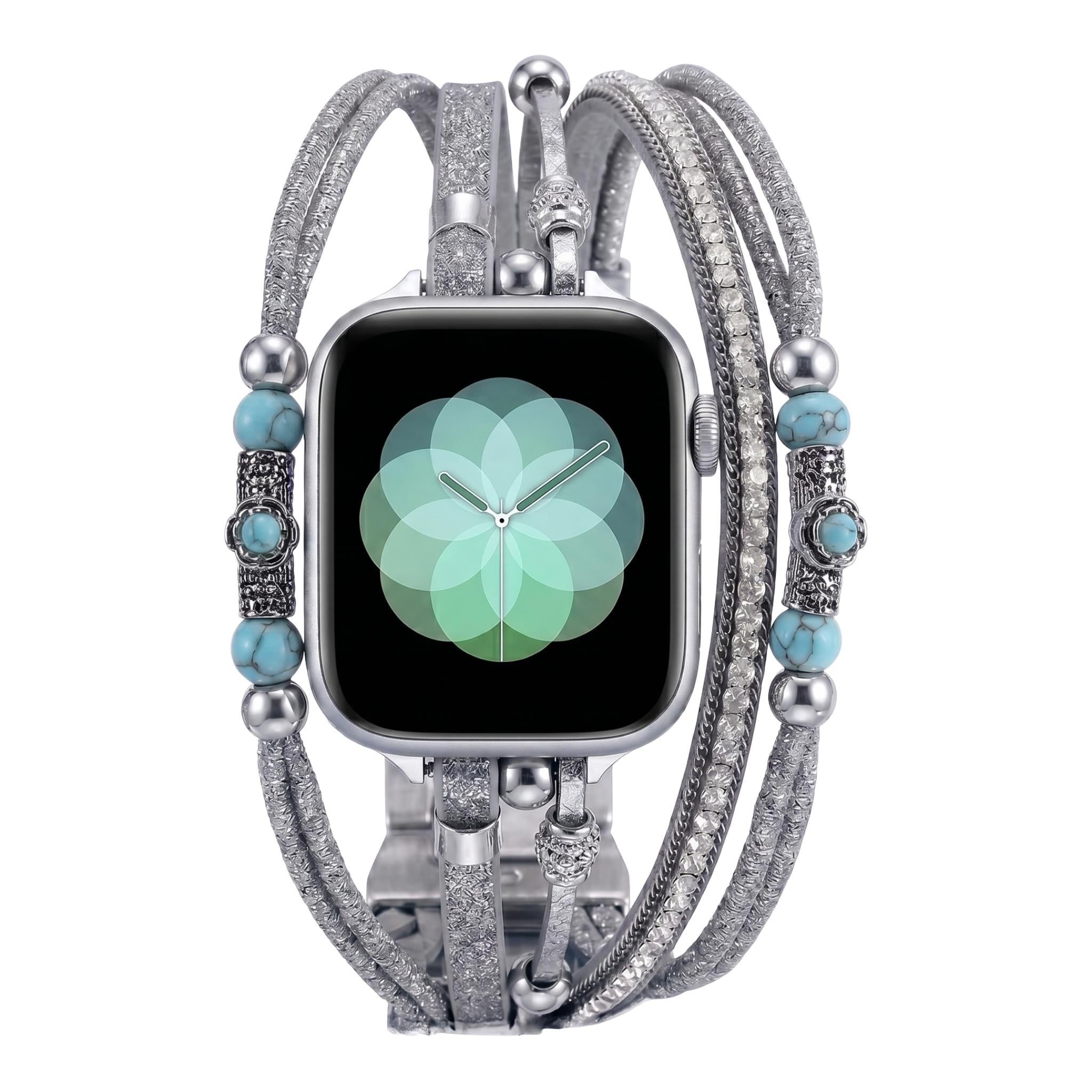 Apple Watch Multi-Strand Bracelet, Turquoise Beads and Shimmering Cords, Gold or Silver Finish, for Women, Christine Model