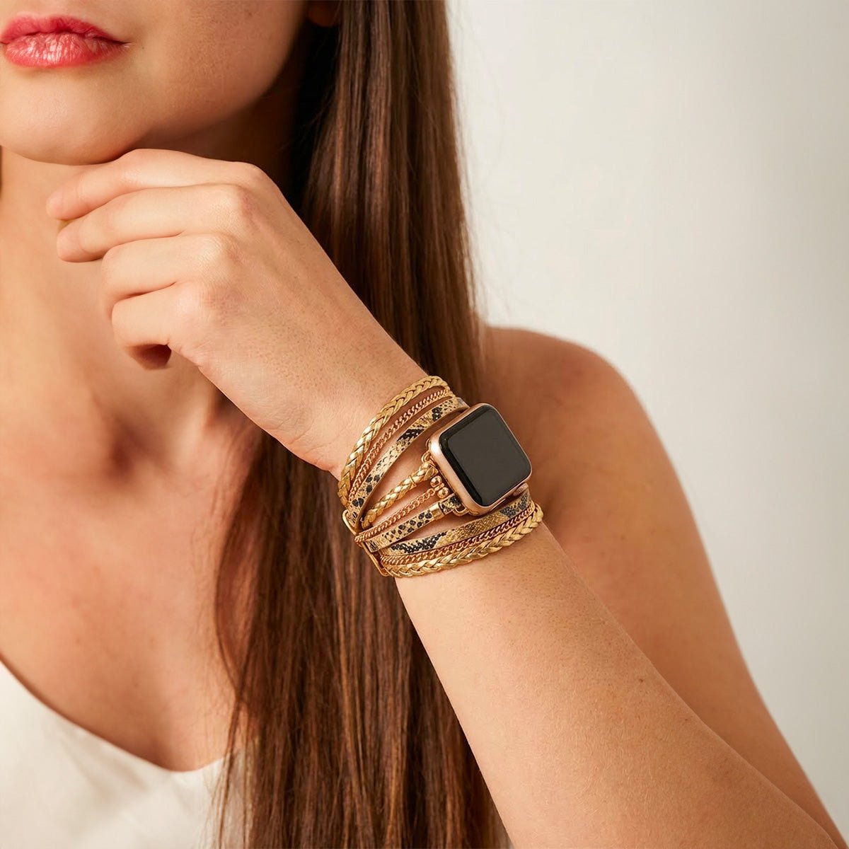 Apple Watch Multi-Strand Bracelet, Vegan Leather and Chains, Elegant Snake Effect, Buckle Clasp, Delizia Model