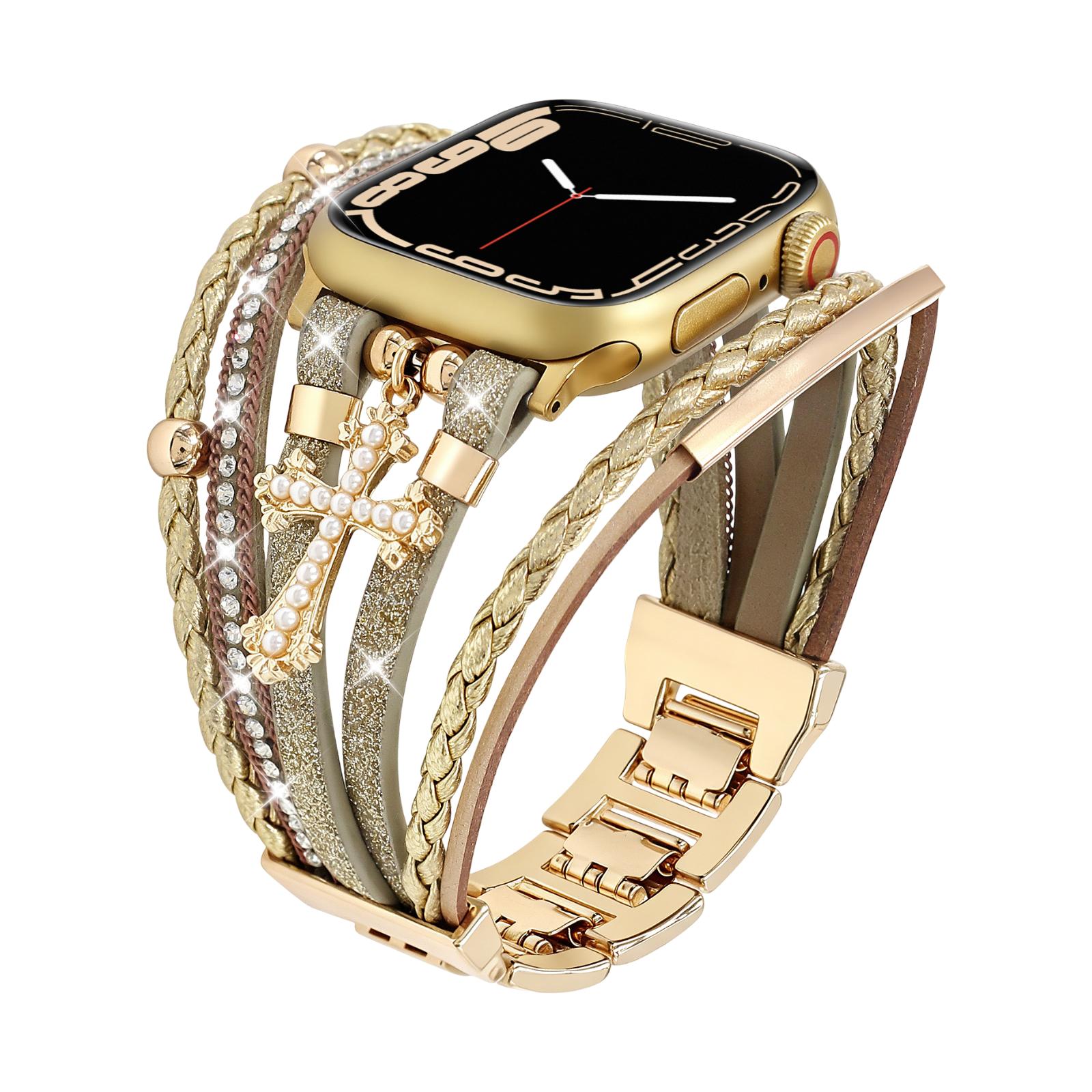 Apple Watch Multi-Strand Bracelet for Women, Faux Leather Bracelet with Christian Cross, Adjustable Clip-On Links, Stravada Model