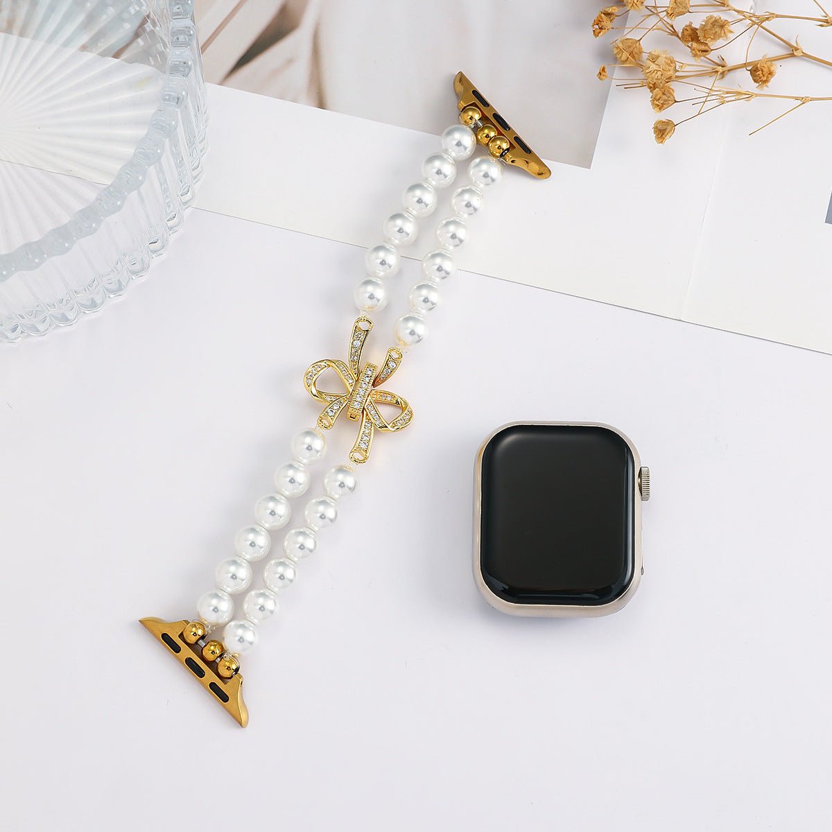 Apple Watch Bracelet with Pearl Beads, Central Knot Paved with Zirconia, Elastic, Vacra Model