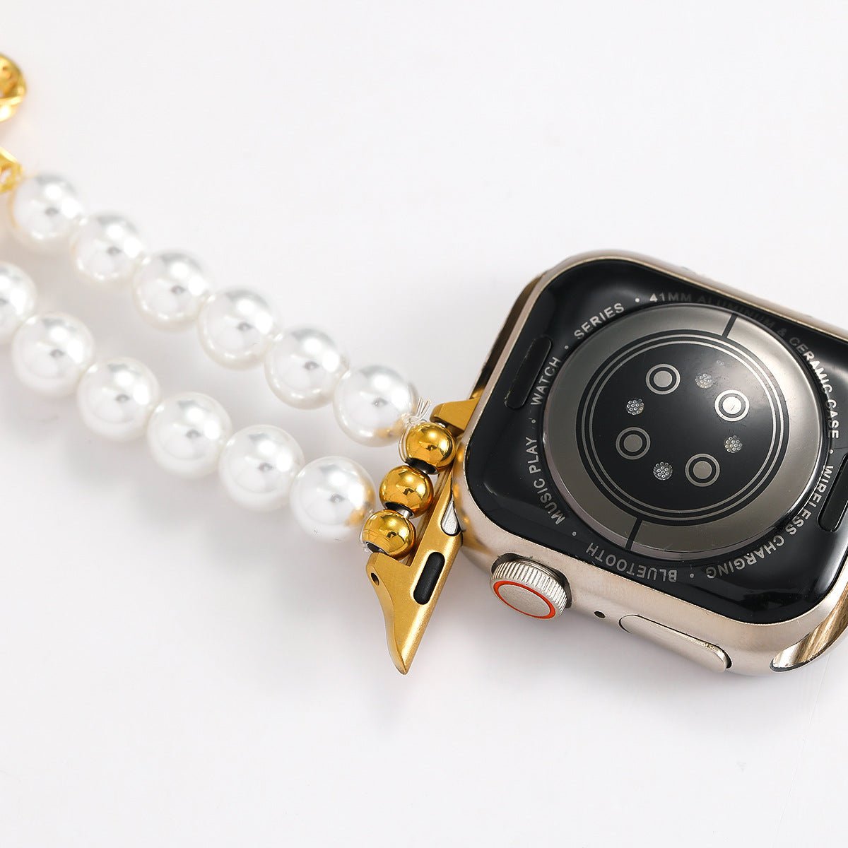 Apple Watch Bracelet with Pearl Beads, Central Knot Paved with Zirconia, Elastic, Vacra Model