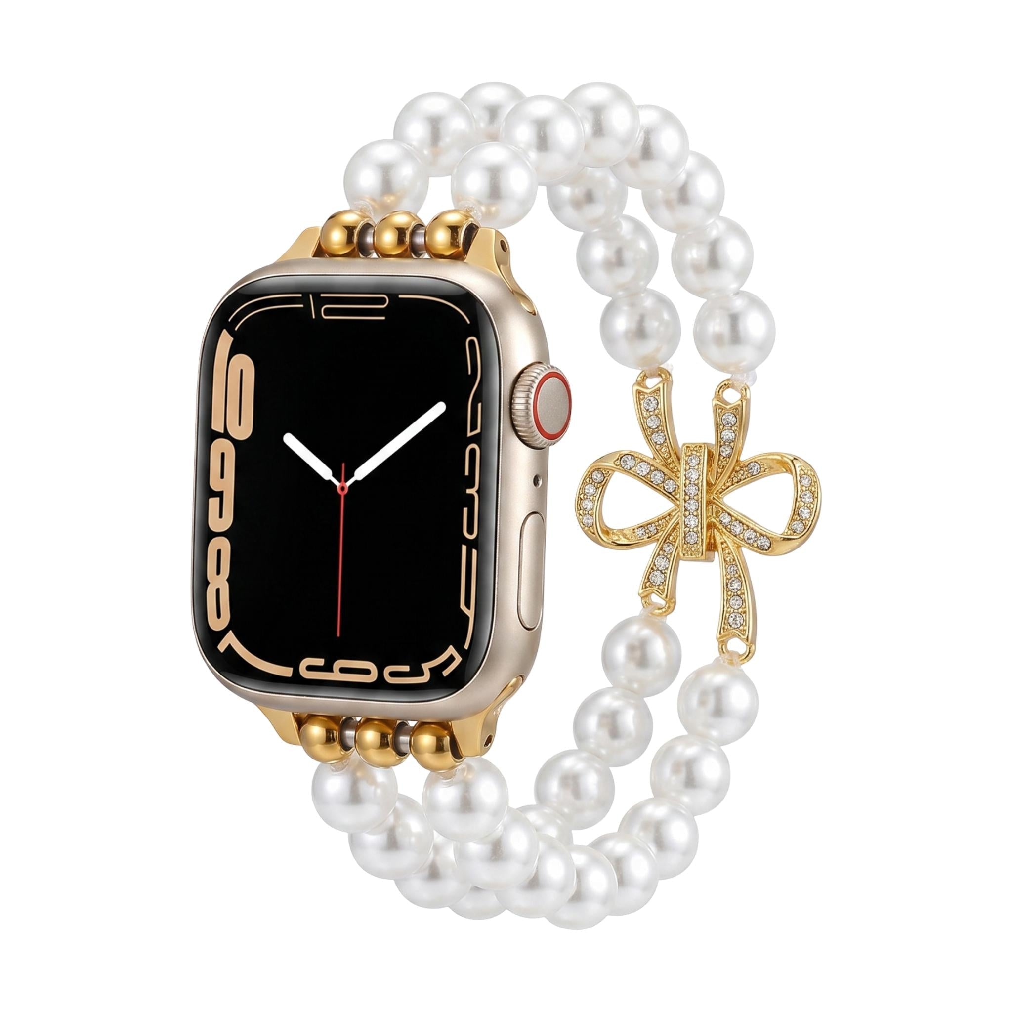 Apple Watch Bracelet with Pearl Beads, Central Knot Paved with Zirconia, Elastic, Vacra Model