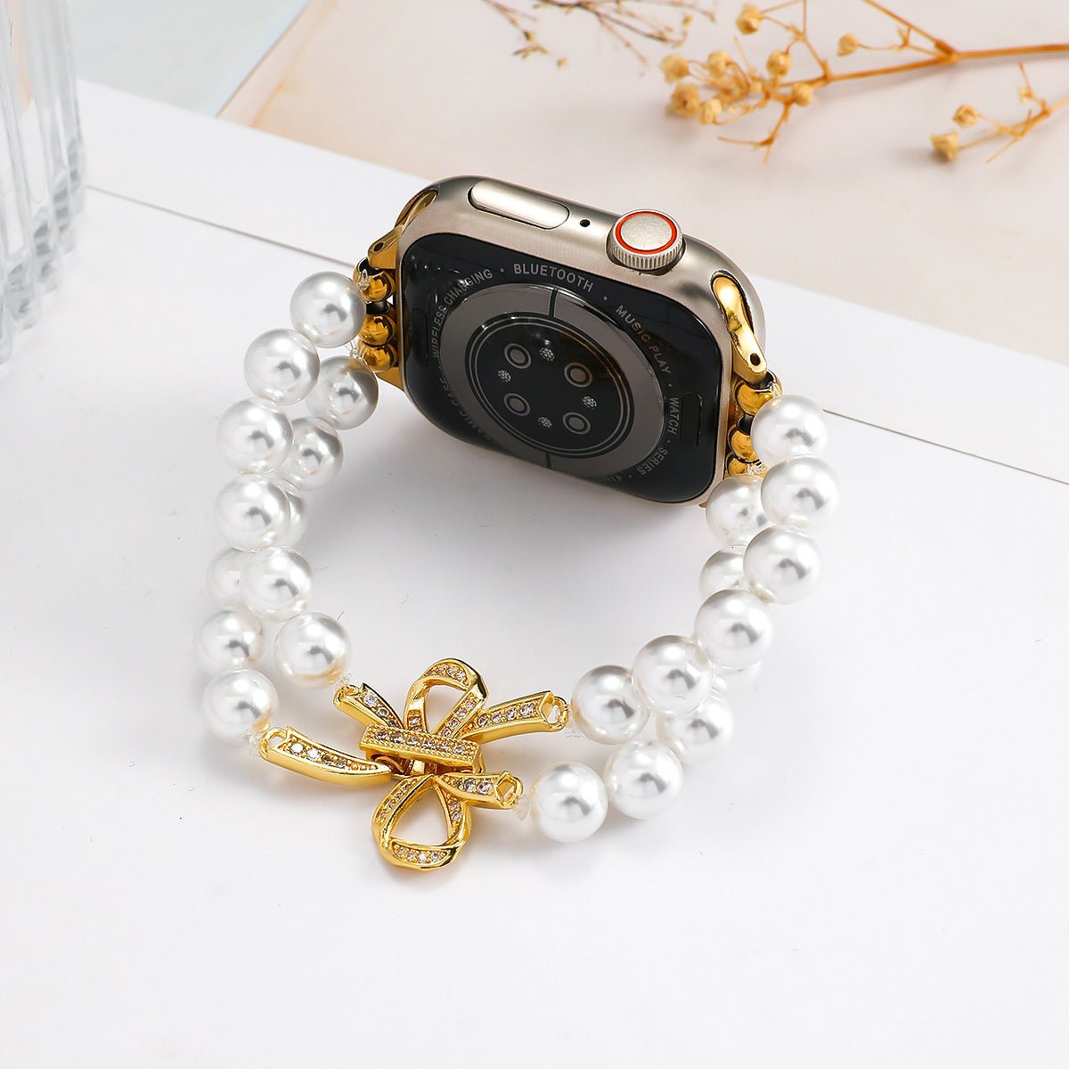 Apple Watch Bracelet with Pearl Beads, Central Knot Paved with Zirconia, Elastic, Vacra Model