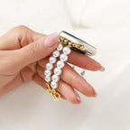 Apple Watch Bracelet with Pearl Beads, Central Knot Paved with Zirconia, Elastic, Vacra Model