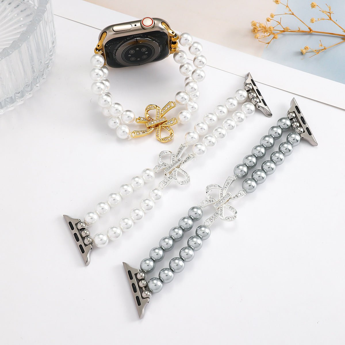 Apple Watch Bracelet with Pearl Beads, Central Knot Paved with Zirconia, Elastic, Vacra Model