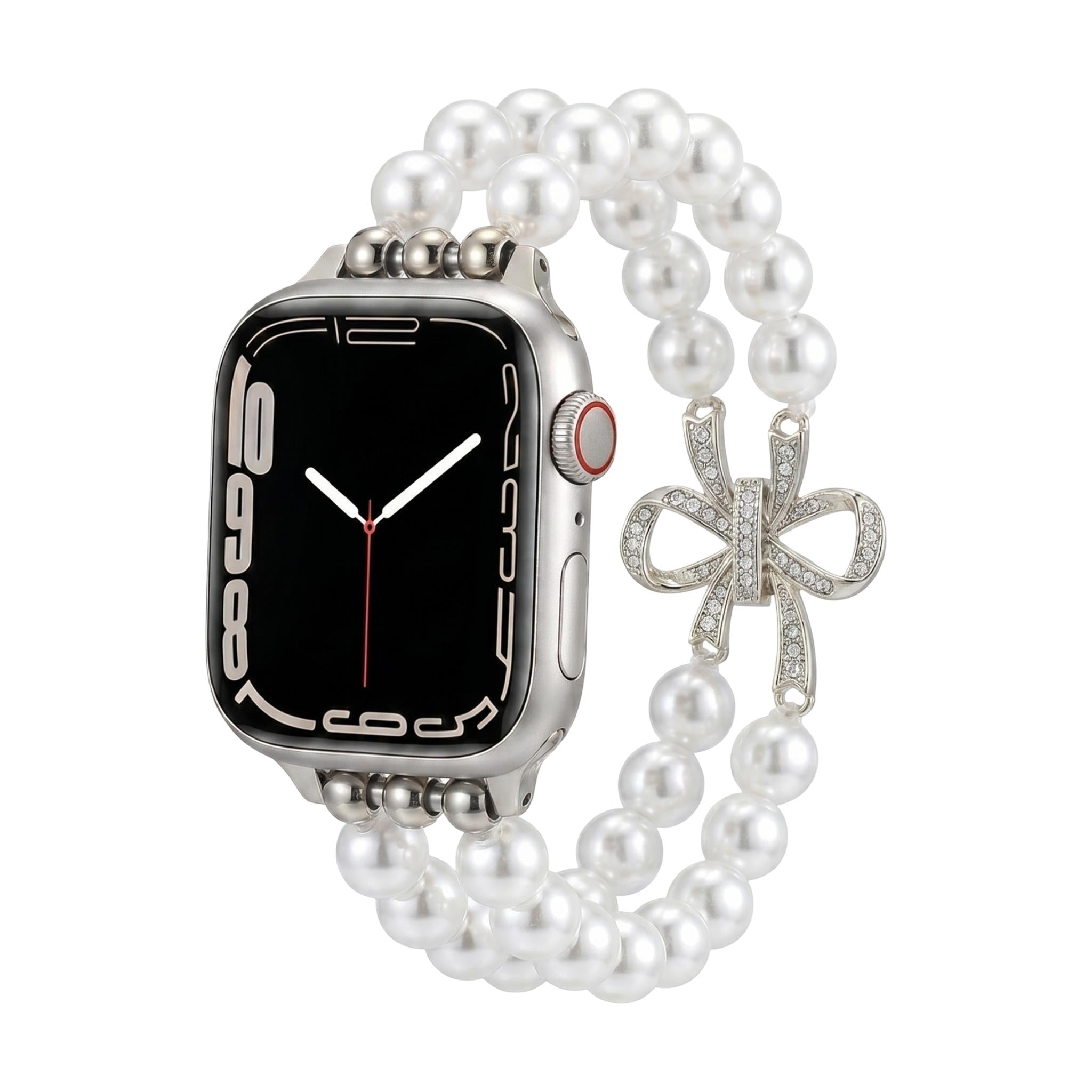 Apple Watch Bracelet with Pearl Beads, Central Knot Paved with Zirconia, Elastic, Vacra Model