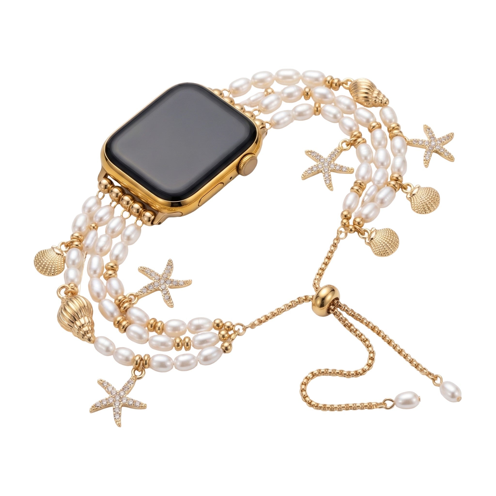 Apple Watch bracelet with pearly beads, gold marine charms, adjustable clasp, women's watch jewelry, Aquadine model