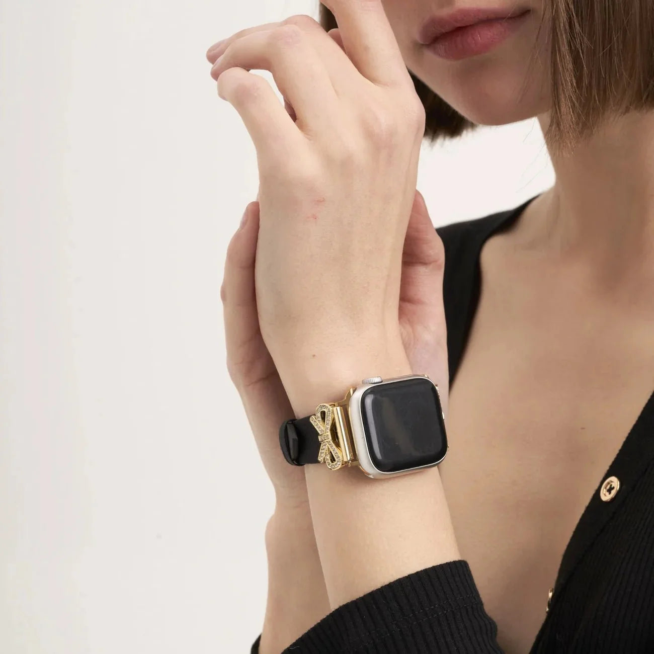 Apple Watch Bracelet, textured ribbon with rhinestone-studded knots, for women, Ravia model