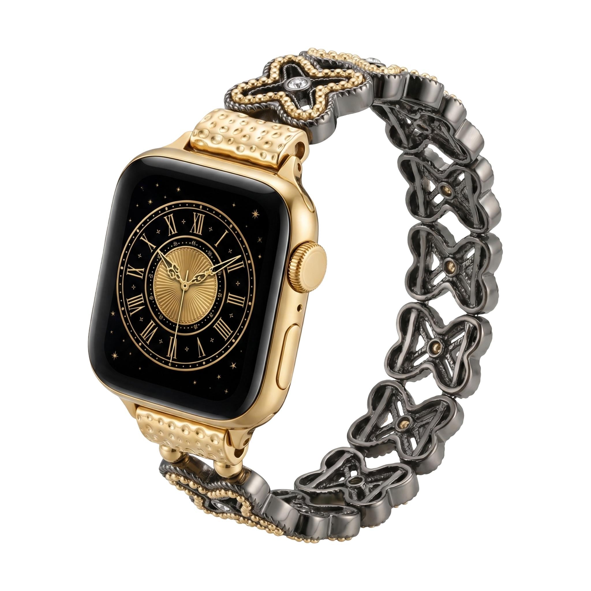 Apple Watch Bracelet with Openwork Floral Mesh, Rhinestones, and Two-Tone Finish, Harpie Model