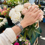 Apple Watch Bracelet with Openwork Floral Mesh, Rhinestones, and Two-Tone Finish, Harpie Model
