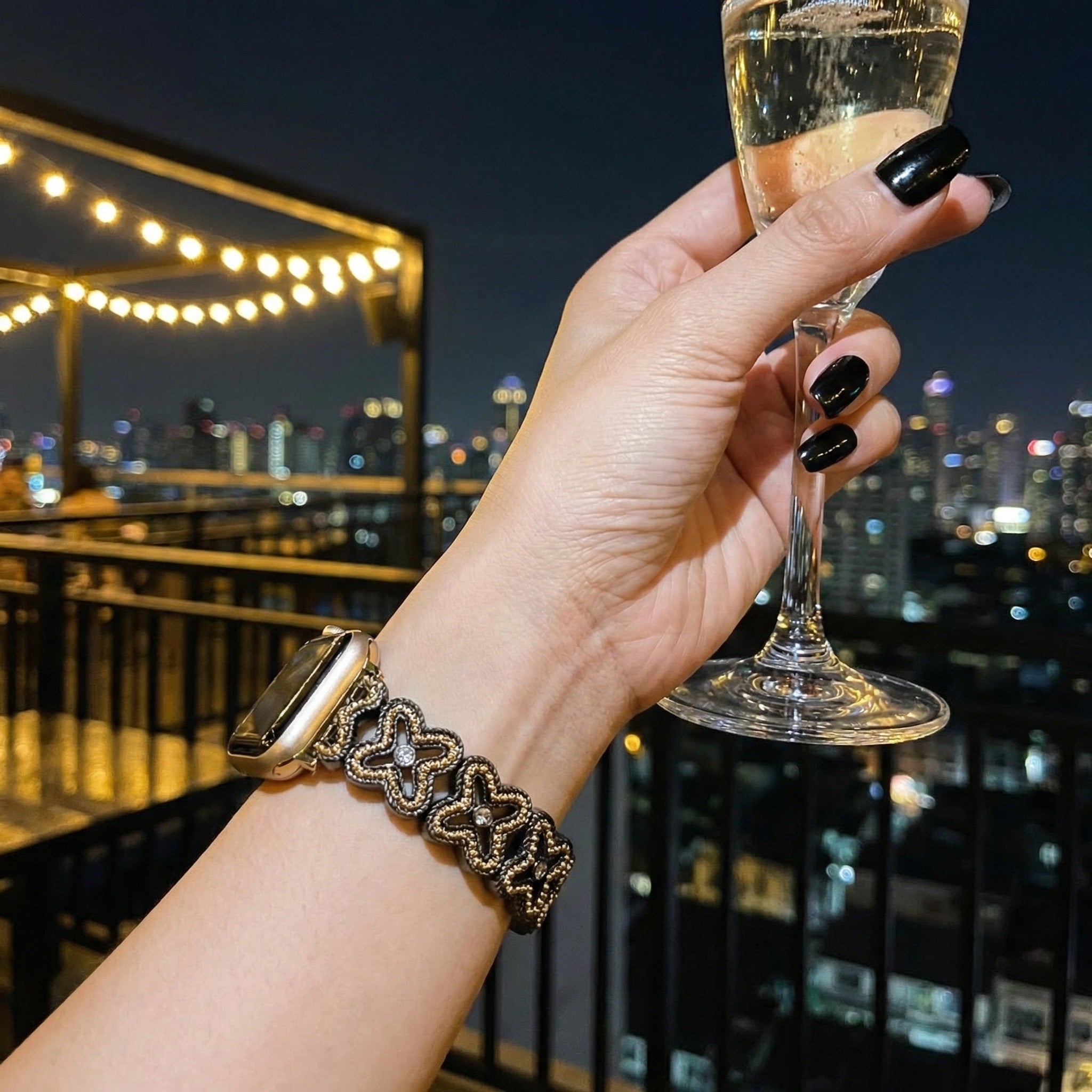 Apple Watch Bracelet with Openwork Floral Mesh, Rhinestones, and Two-Tone Finish, Harpie Model