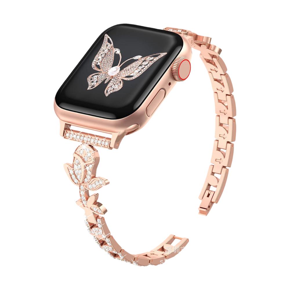 Apple Watch bracelet with rose motif paved with zircons, adjustable links, Billia model