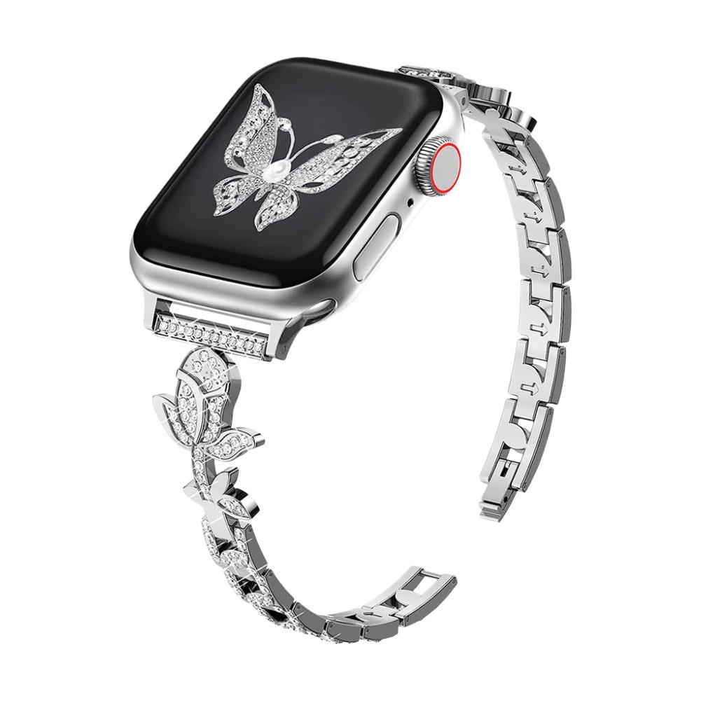 Apple Watch bracelet with rose motif paved with zircons, adjustable links, Billia model