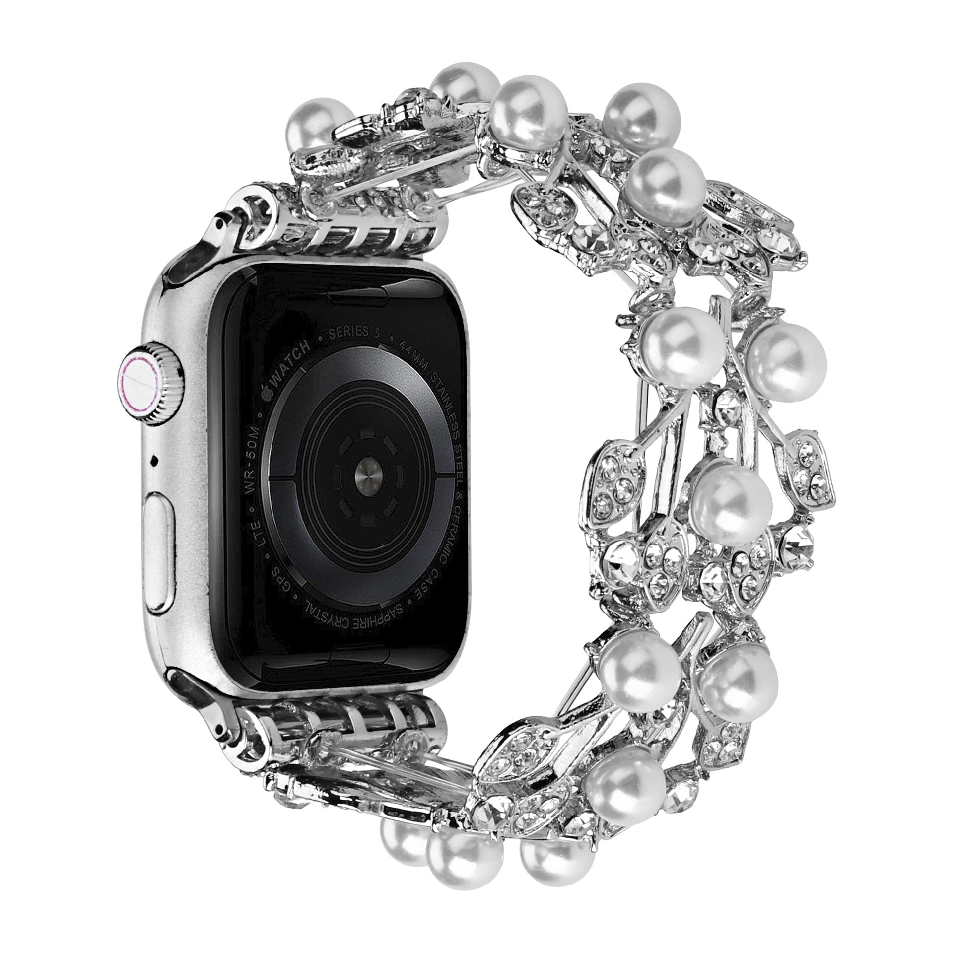 Apple Watch Bracelet with Leaf Pattern, Beads and Rhinestones, Elastic, Terikale Model