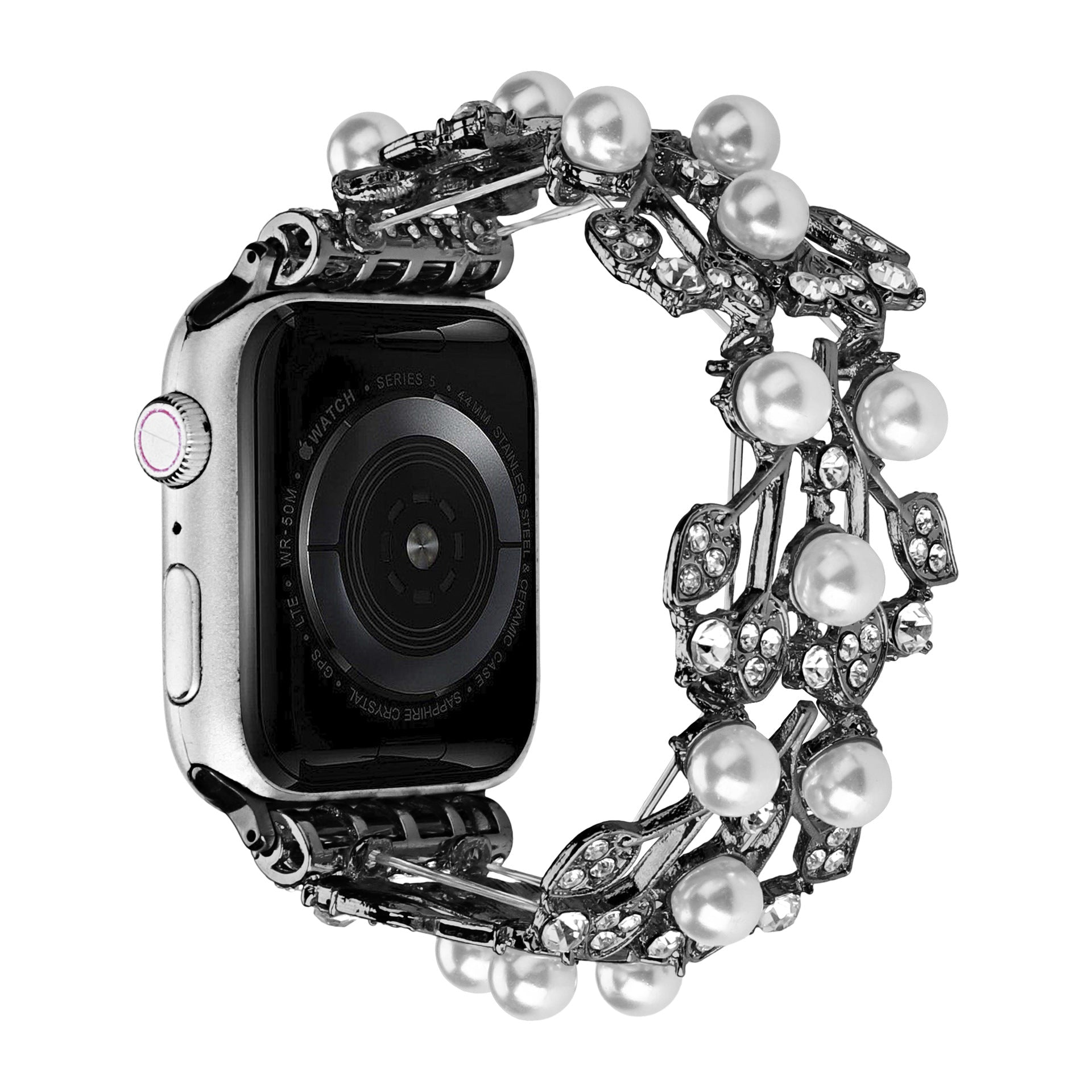 Apple Watch Bracelet with Leaf Pattern, Beads and Rhinestones, Elastic, Terikale Model