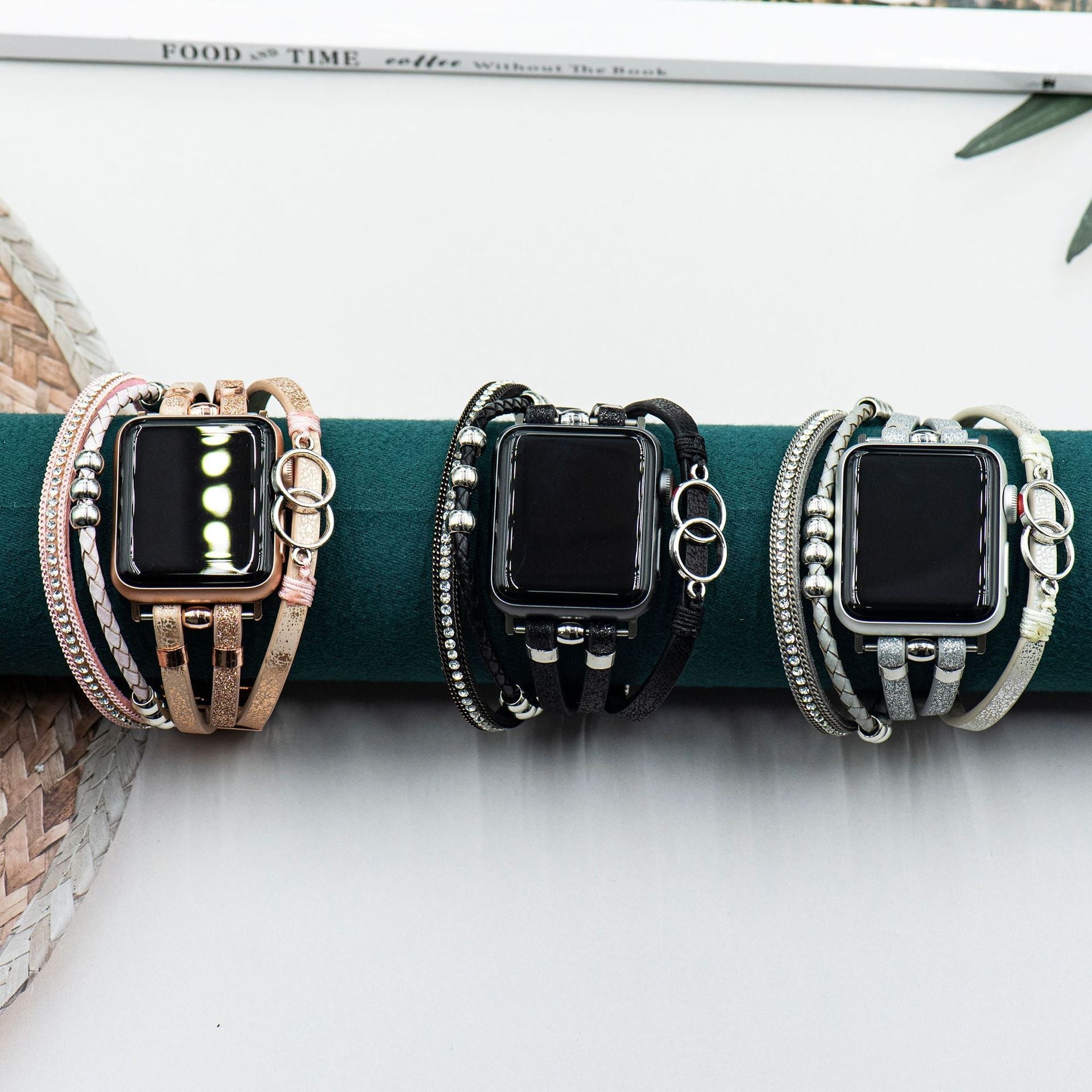 Apple Watch Multi-Strand Bracelet, Braided with Rhinestones, Interlaced Rings, Adjustable Clasp, Lona Model