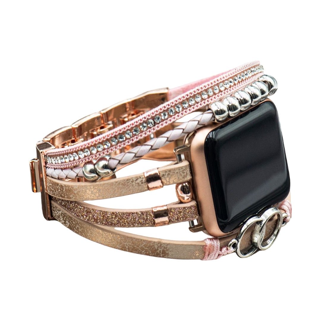Apple Watch Multi-Strand Bracelet, Braided with Rhinestones, Interlaced Rings, Adjustable Clasp, Lona Model