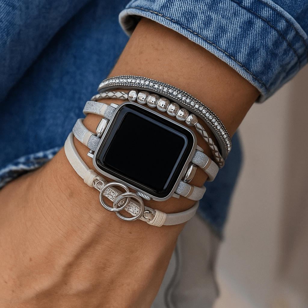 Apple Watch Multi-Strand Bracelet, Braided with Rhinestones, Interlaced Rings, Adjustable Clasp, Lona Model