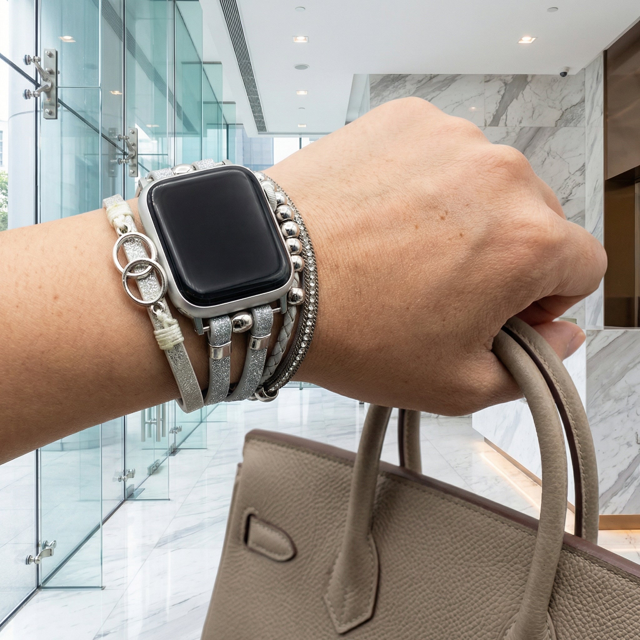 Apple Watch Multi-Strand Bracelet, Braided with Rhinestones, Interlaced Rings, Adjustable Clasp, Lona Model