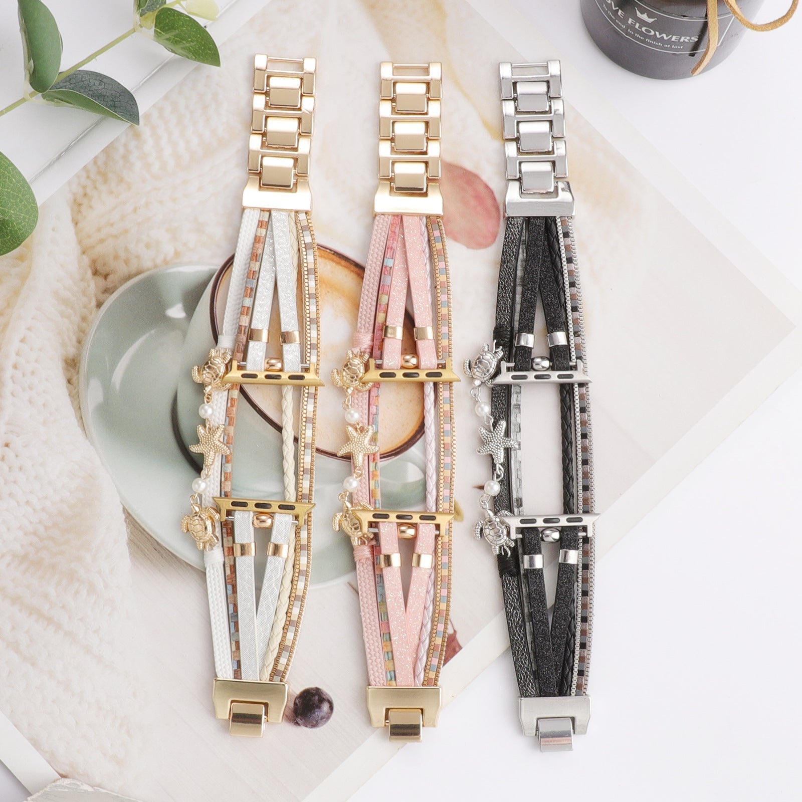 Apple Watch Multi-Strand Bracelet, Turtle and Starfish Charms, Beads, Akuna Model