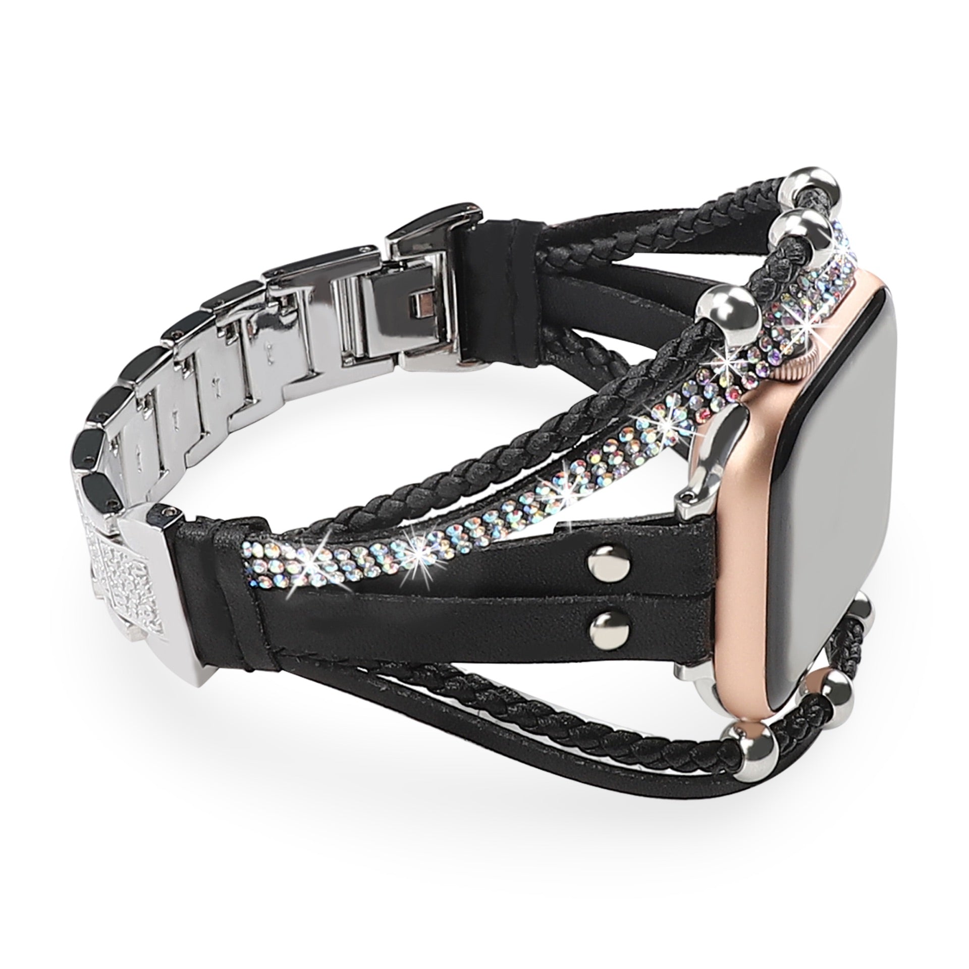 Apple Watch Multi-Strand Bracelet with Rhinestones and Braided Design for Women, Melona Model