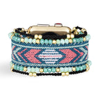 Alara Model Bohemian Woven Nylon Apple Watch Bracelet with Crystal Beads and Geometric Pattern for Women