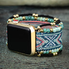 Alara Model Bohemian Woven Nylon Apple Watch Bracelet with Crystal Beads and Geometric Pattern for Women