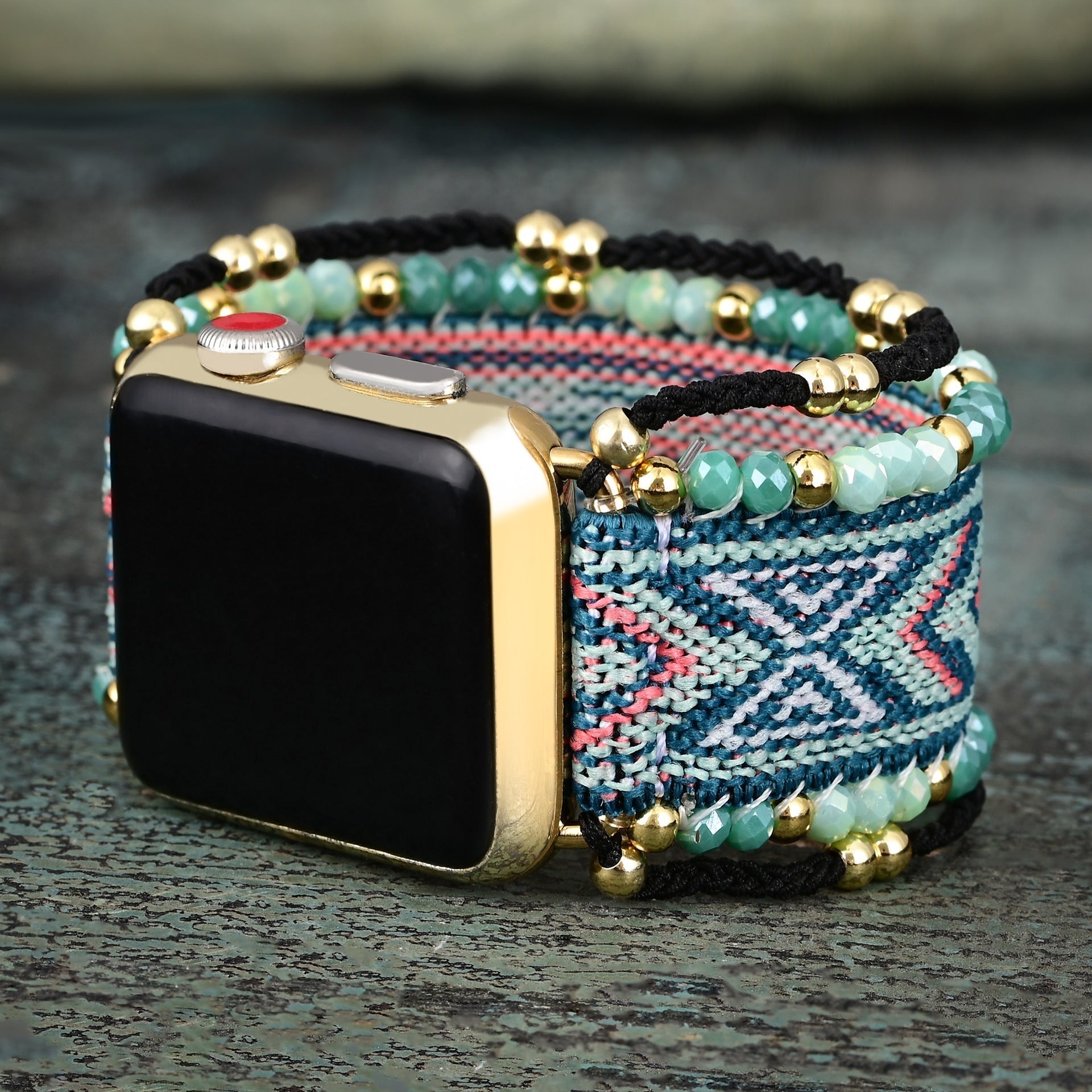 Alara Model Bohemian Woven Nylon Apple Watch Bracelet with Crystal Beads and Geometric Pattern for Women