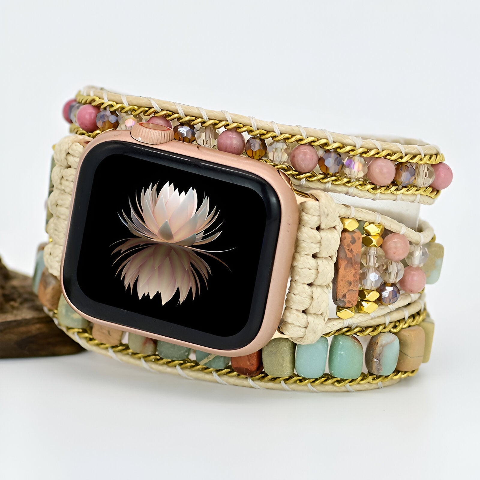 Apple Watch Bracelet in Natural Stones, 3 Braided Strands, for Women, Sylas Model