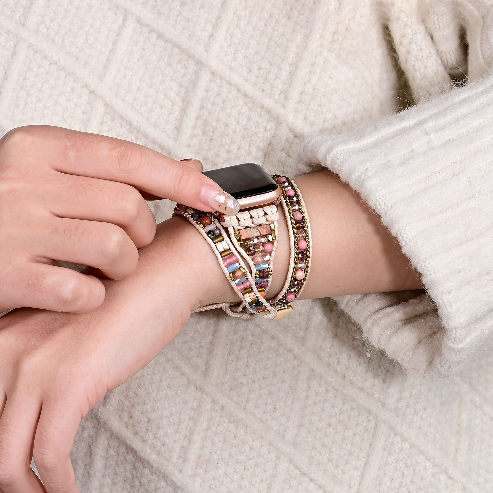 Bohemian Multi-Strand Apple Watch Bracelet, Multicolored Stones and Crystals, for Women, Aeron Model