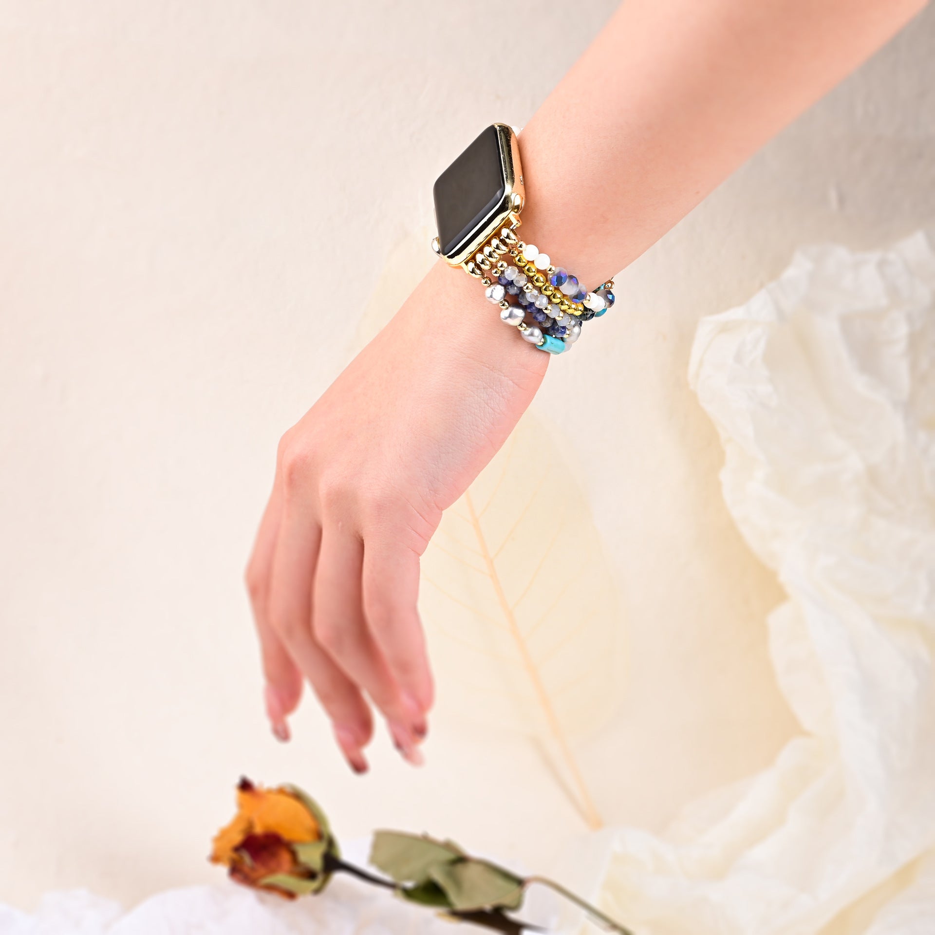 Hyra Bohemian Multi-Strand Apple Watch Bracelet with Multicolored Beads and Crystals for Women