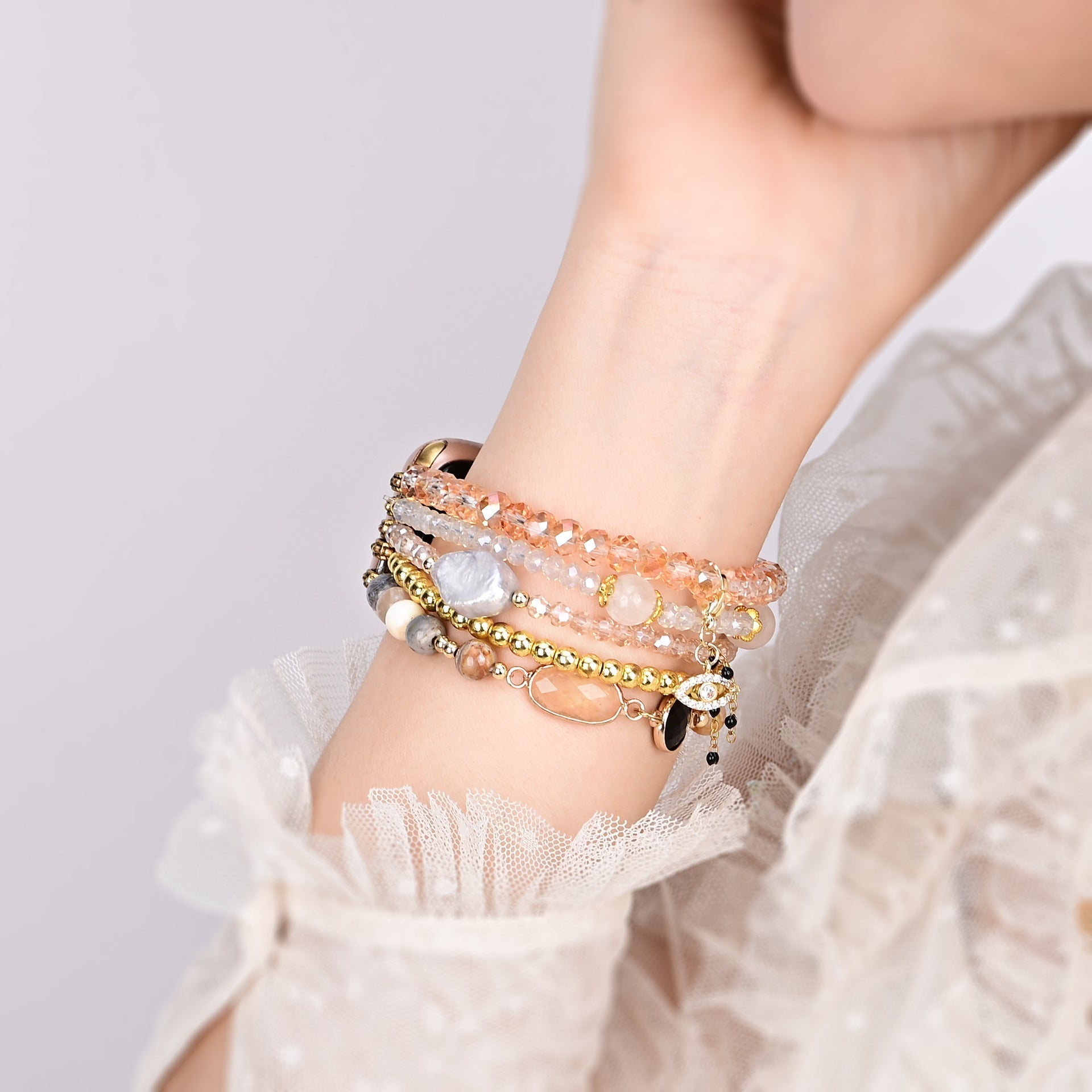 Apple Watch Multi-Strand Bracelet, Beads and Crystal, Eye Charm, for Women, Merine Model