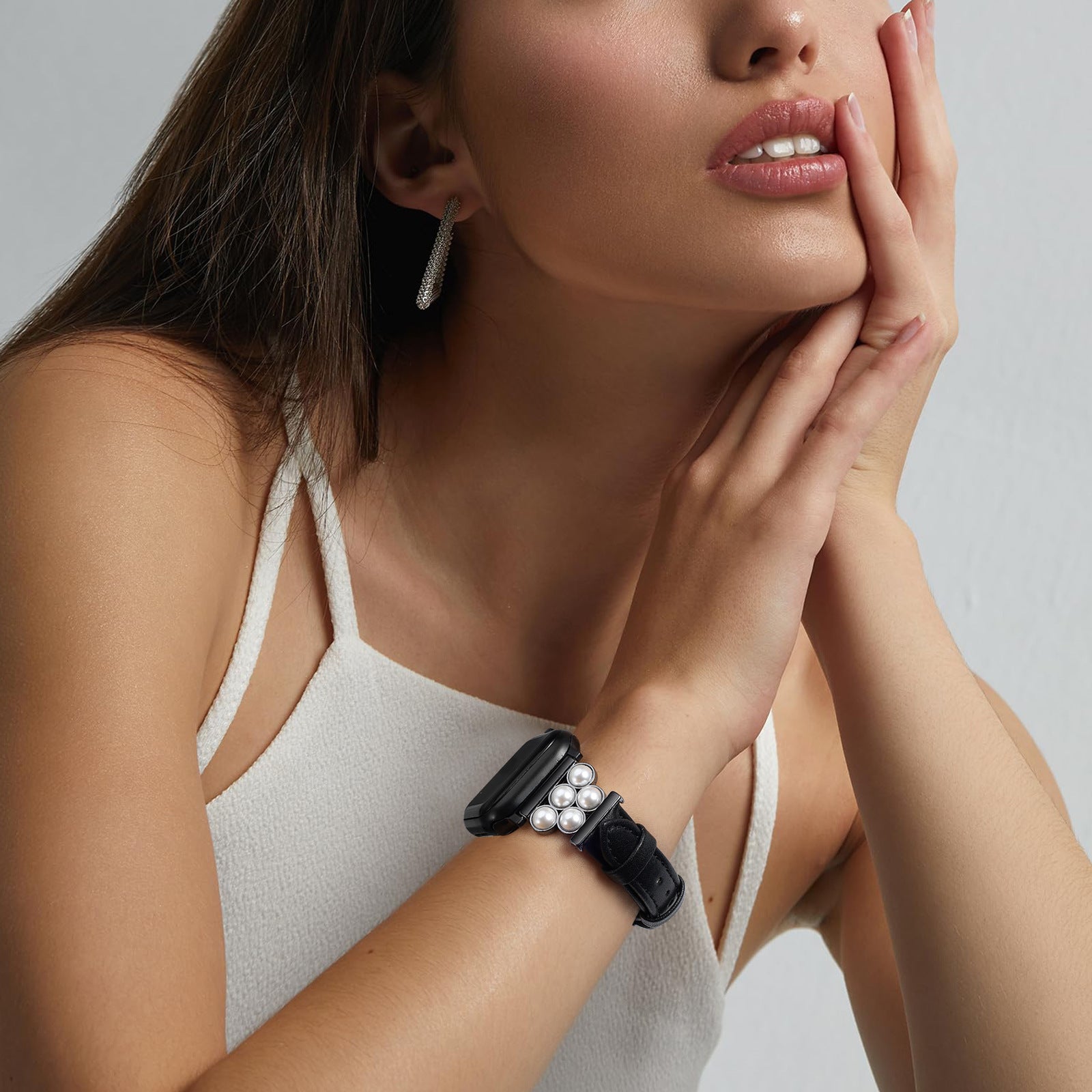 Apple Watch Bracelet, in vegan leather, adorned with beads, for women, Amira model