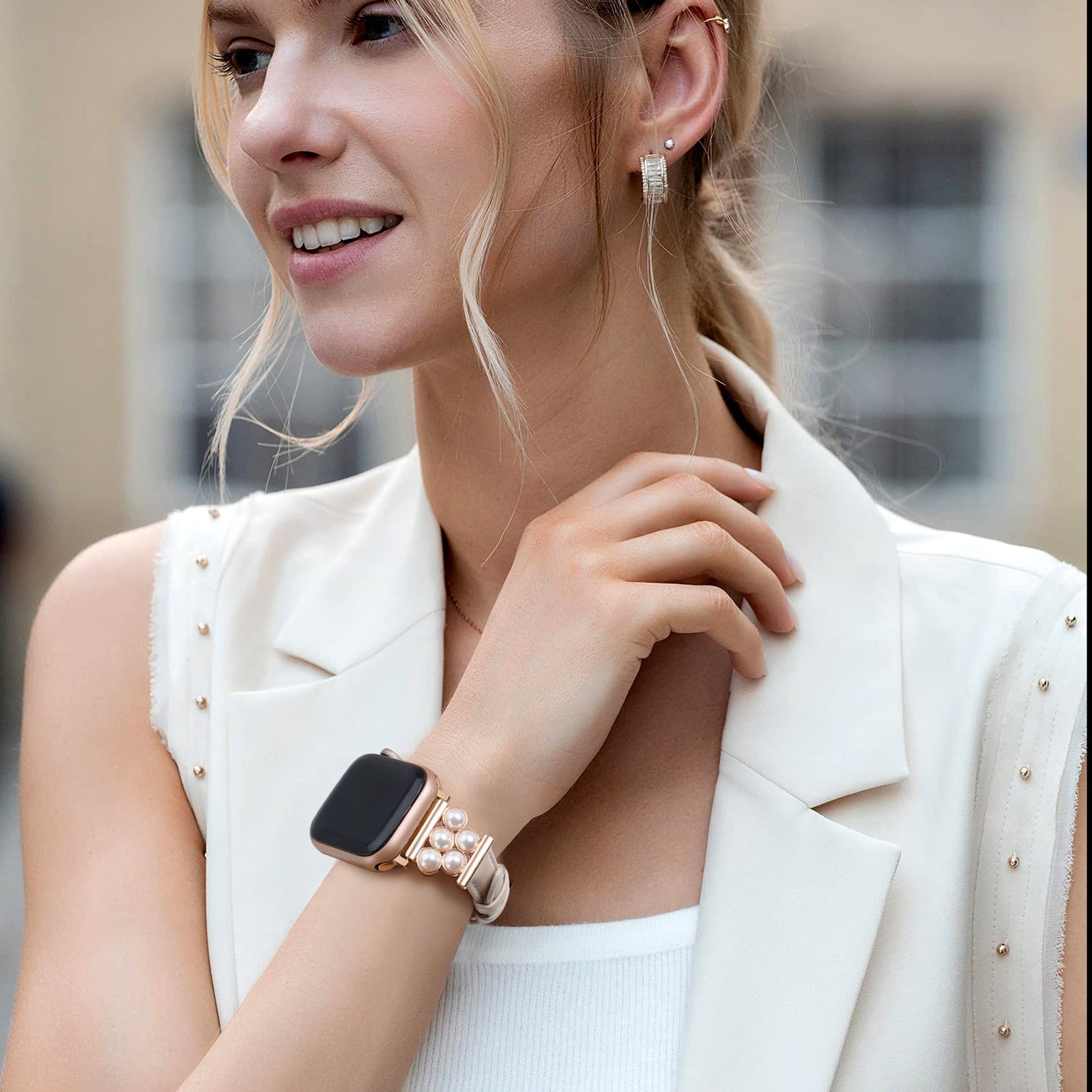 Apple Watch Bracelet, in vegan leather, adorned with beads, for women, Amira model