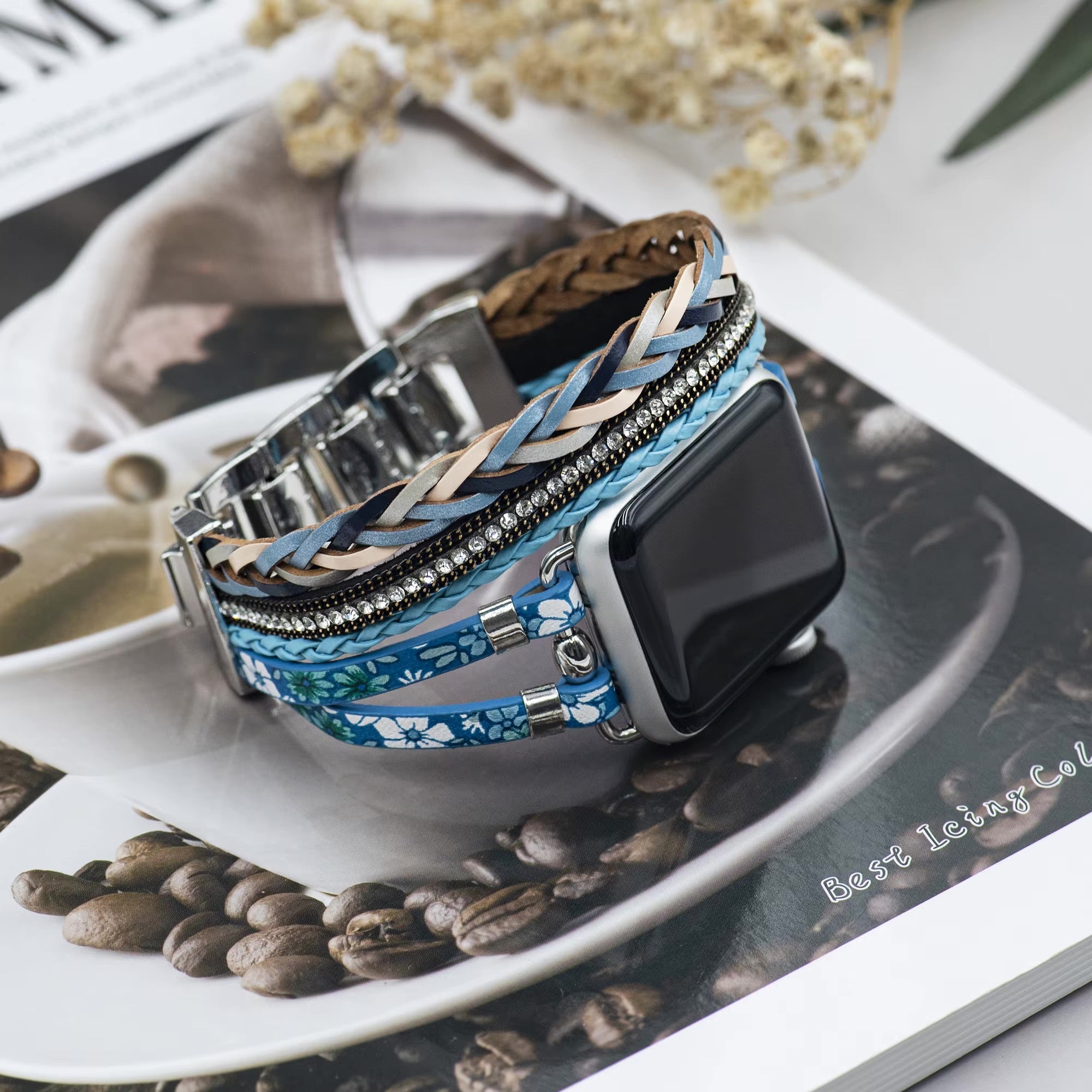 Apple Watch bracelet, multi-strand, floral pattern, for women, Lonia model