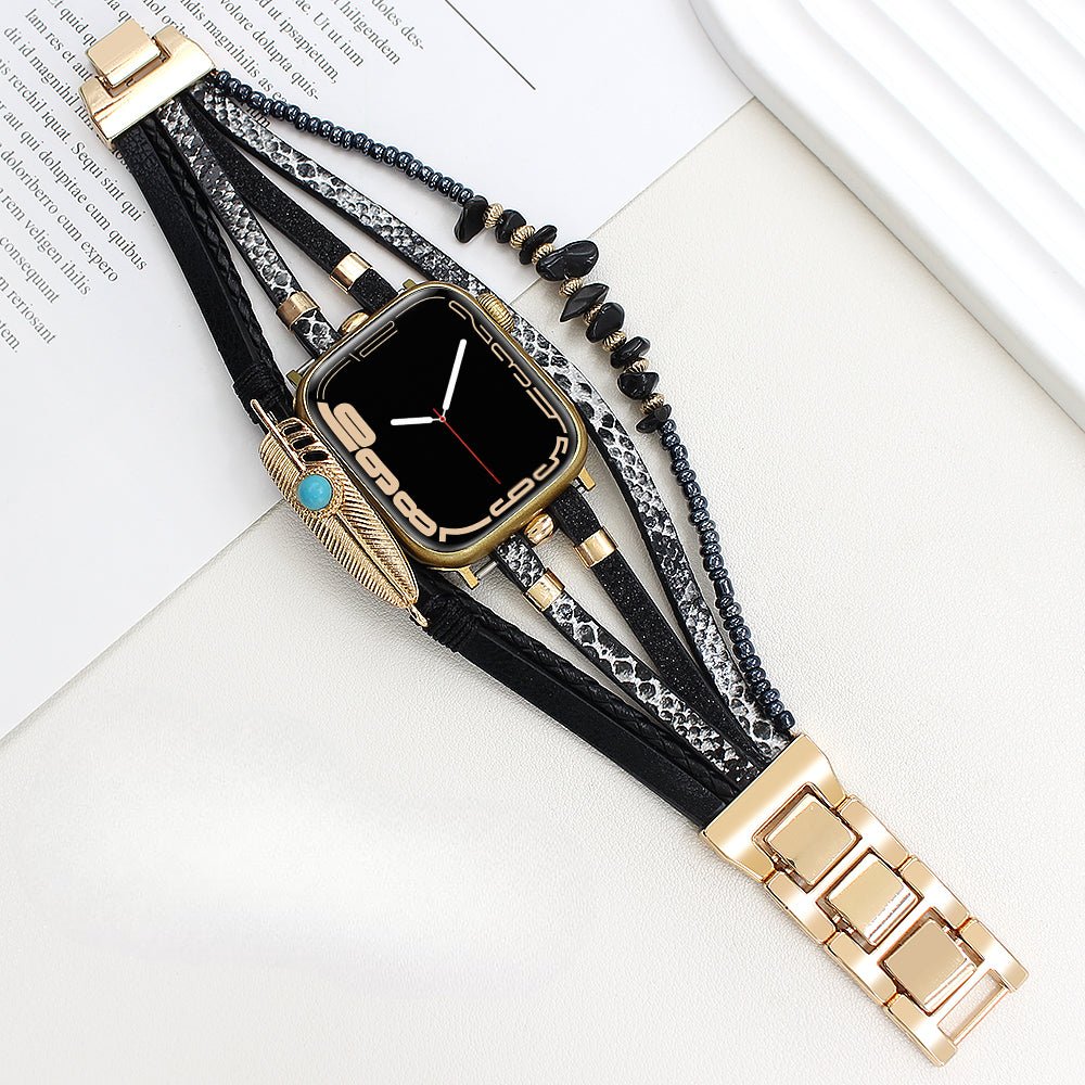 Multi-strand smart watch bracelet, Apple Watch, natural stones and feather, for women, Lyxia model