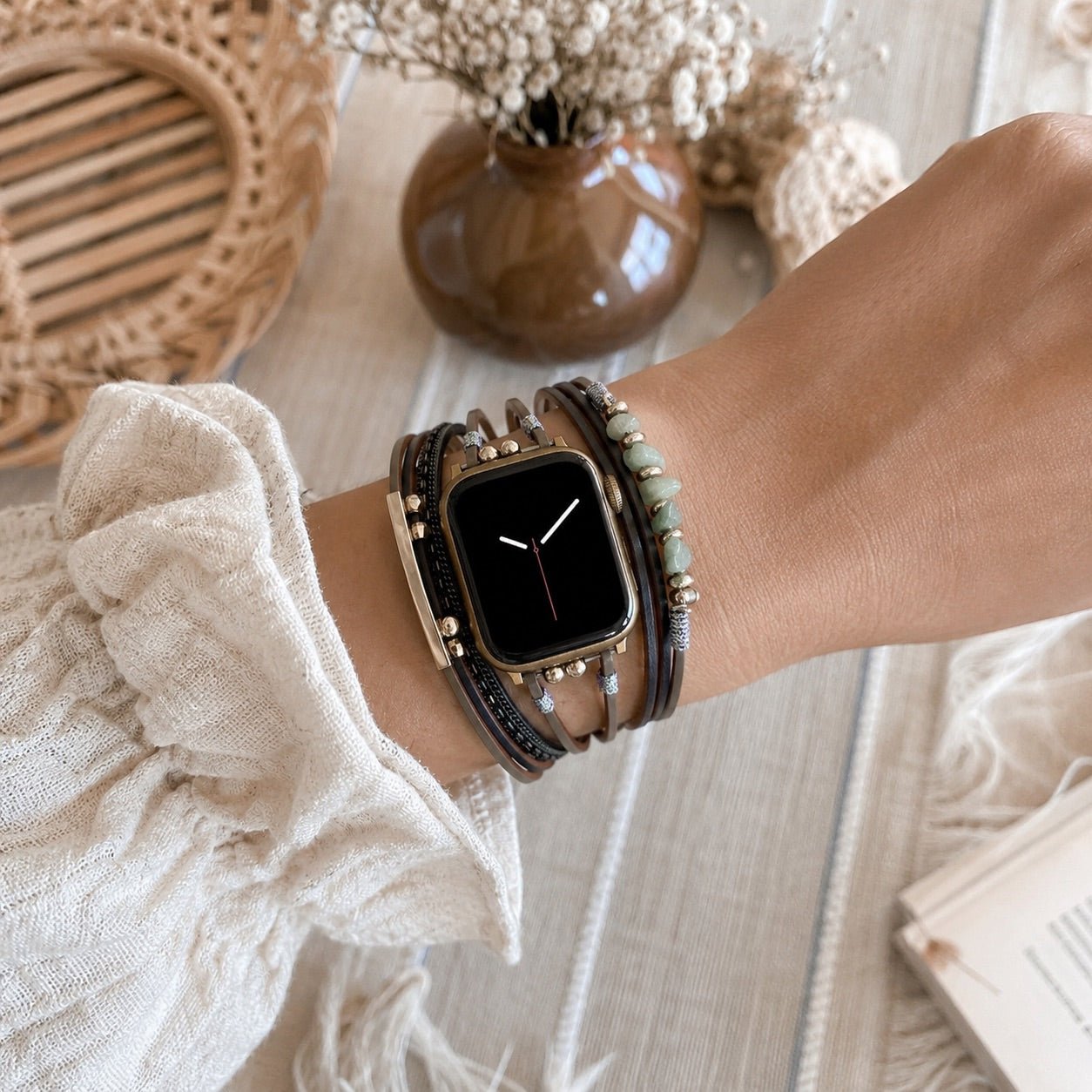 Women's multi-cord watch bracelet with gold details and green stones, elegant wrist accessory, Jaonie