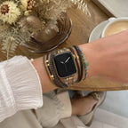 Women's multi-cord watch bracelet with gold details and green stones, elegant wrist accessory, Jaonie