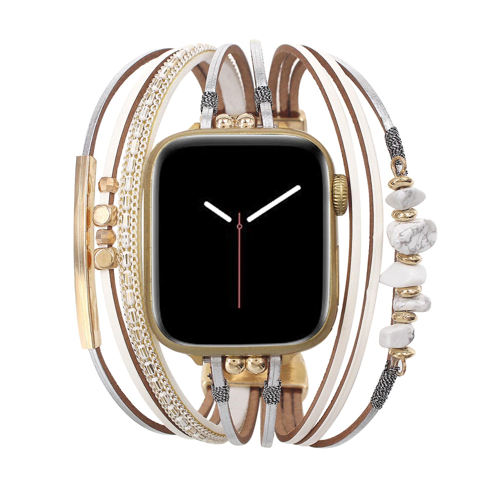 Women's multi-cord watch bracelet with gold details and green stones, elegant wrist accessory, Jaonie