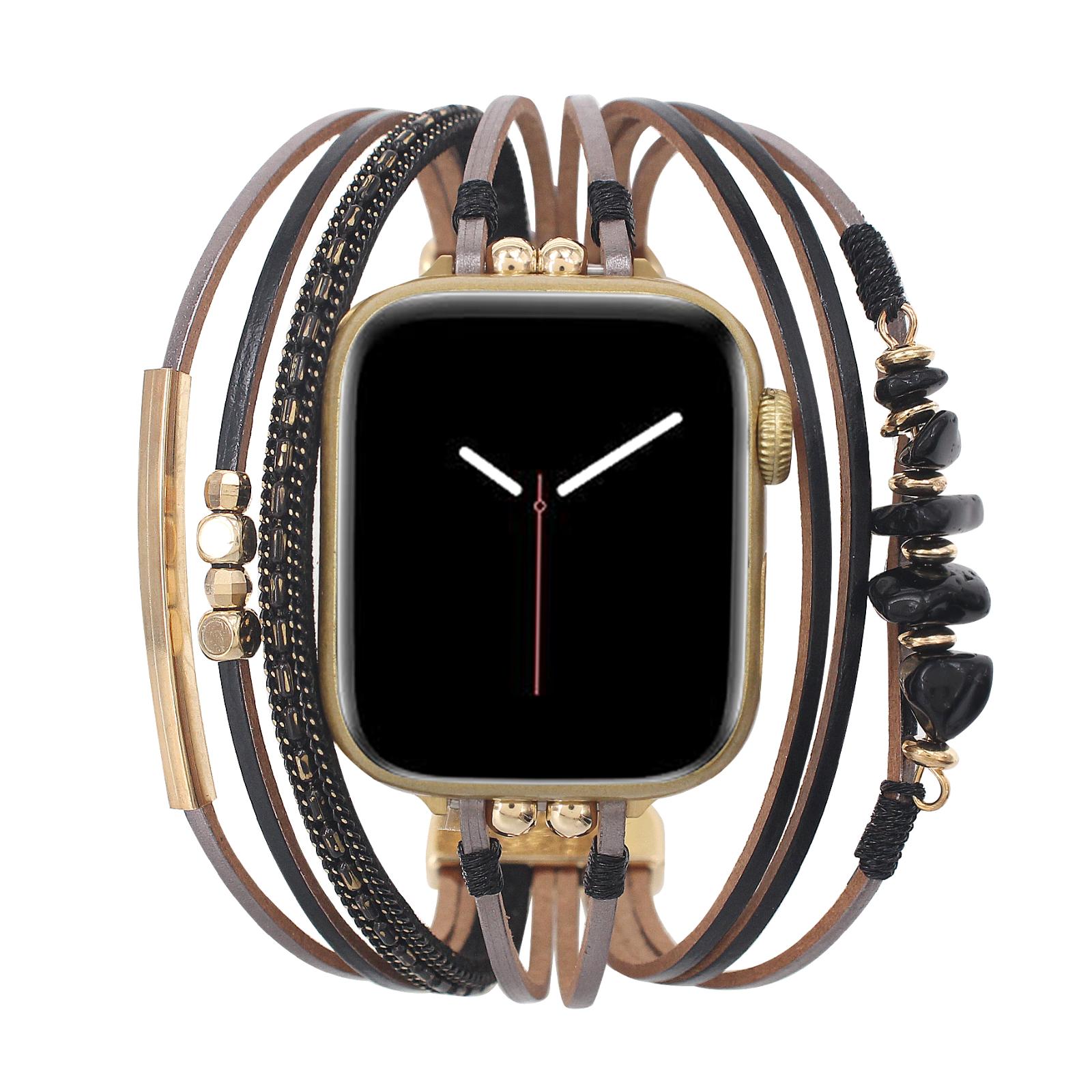 Women's multi-cord watch bracelet with gold details and green stones, elegant wrist accessory, Jaonie