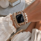 Women's multi-cord watch bracelet with gold details and green stones, elegant wrist accessory, Jaonie