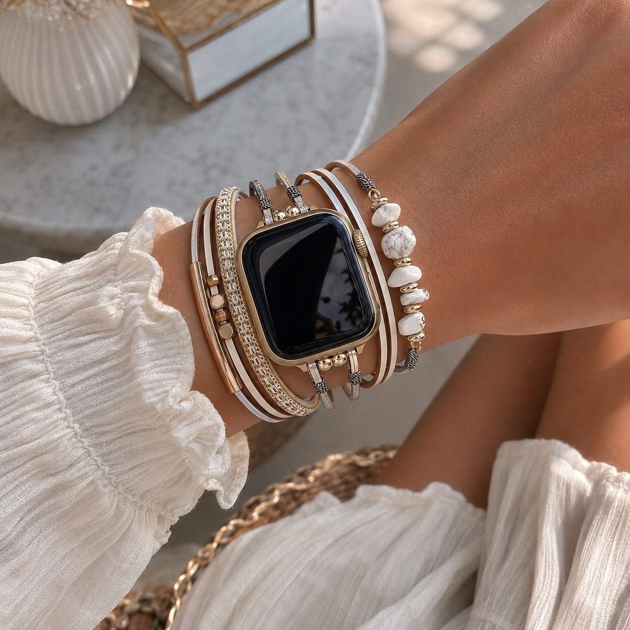 Women's multi-cord watch bracelet with gold details and green stones, elegant wrist accessory, Jaonie